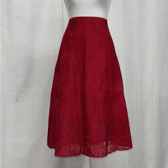 Women’s Red Skirt Lace Jacquard Pleated High Waist Floral Pleated A-Line NEW - Picture 5 of 11